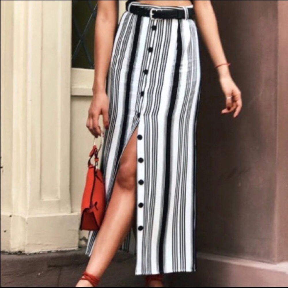 stripped maxi skirt, buttoned down, high waisted
